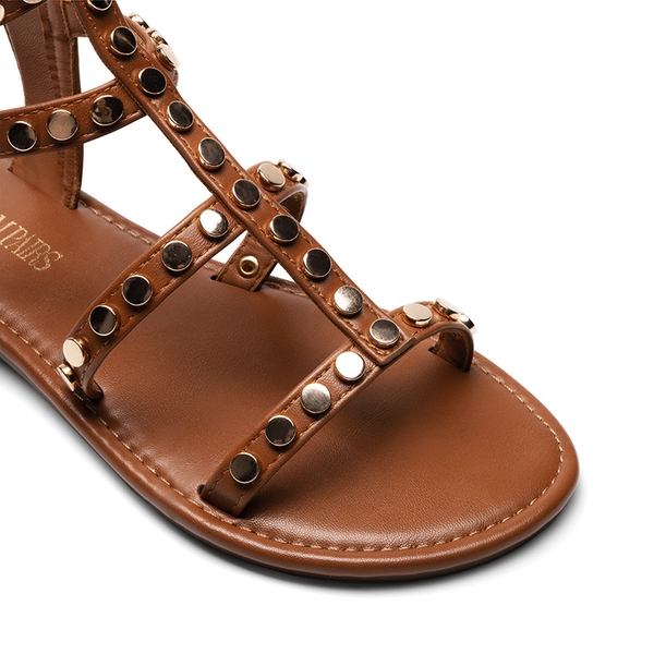 Studded Gladiator Sandals - COGNAC - 6